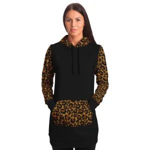 Black Longline Hoodie Dress With Leopard Print Contrast Sleeves, Pocket and Hood