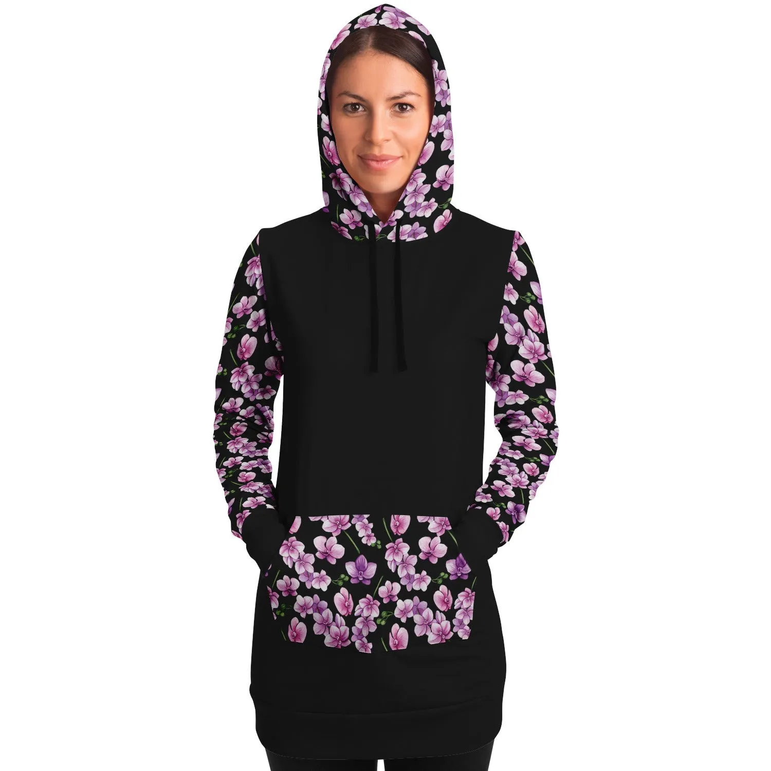 Black Longline Hoodie Dress With Pink Orchid Flower Pattern Sleeves, Pocket and Hood
