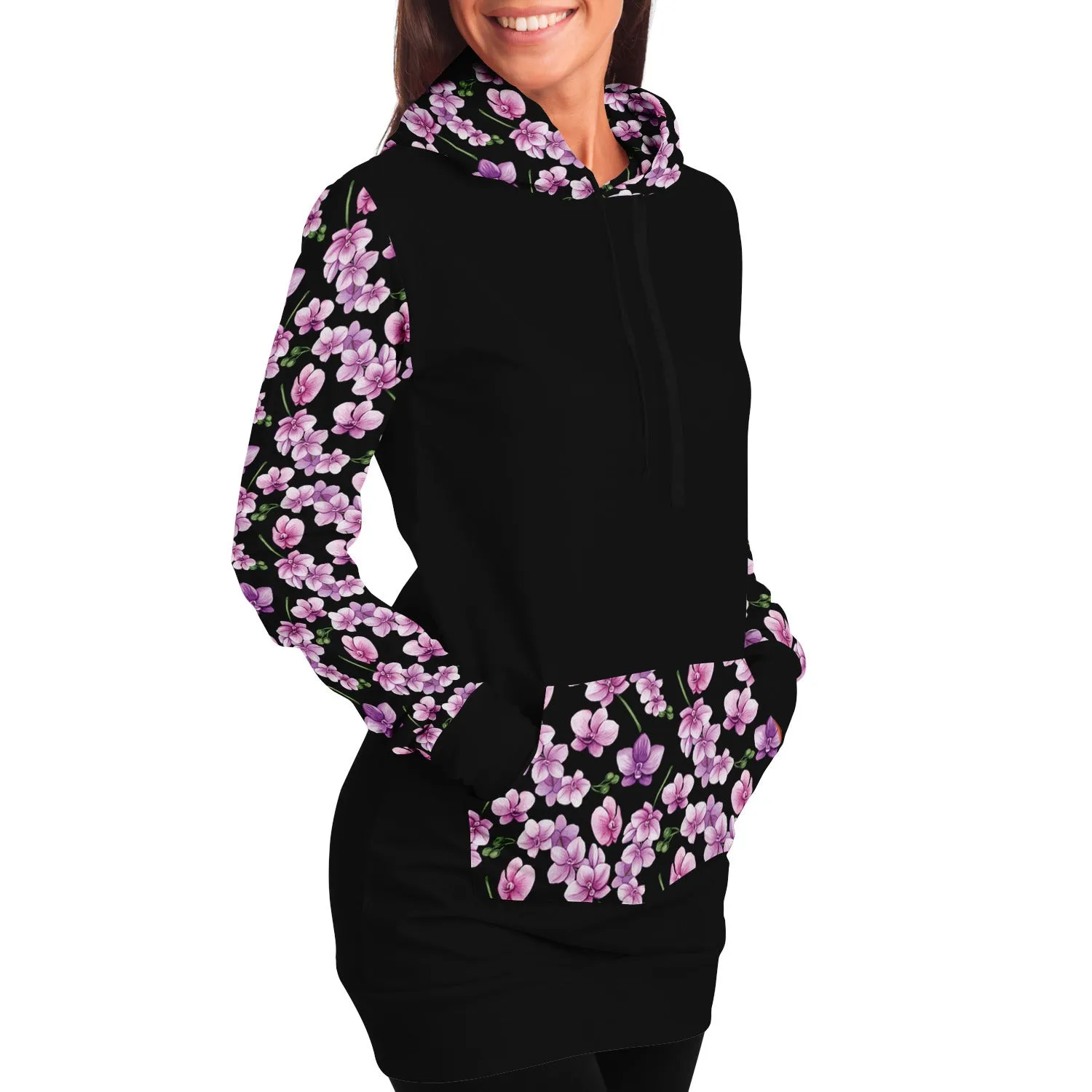 Black Longline Hoodie Dress With Pink Orchid Flower Pattern Sleeves, Pocket and Hood
