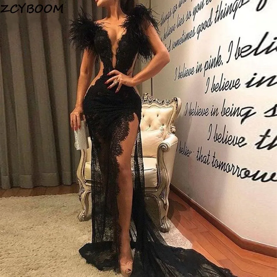 Black Mermaid Split Feather Sleeveless Dress