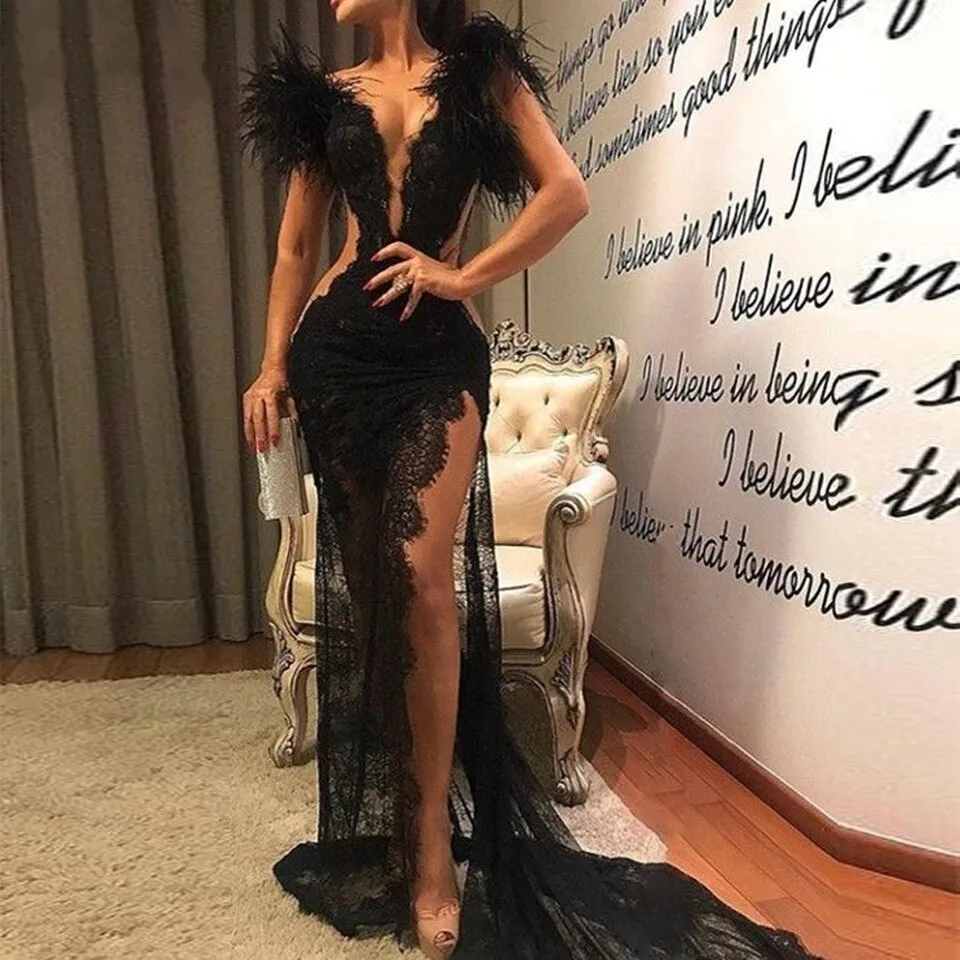 Black Mermaid Split Feather Sleeveless Dress