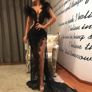Black Mermaid Split Feather Sleeveless Dress