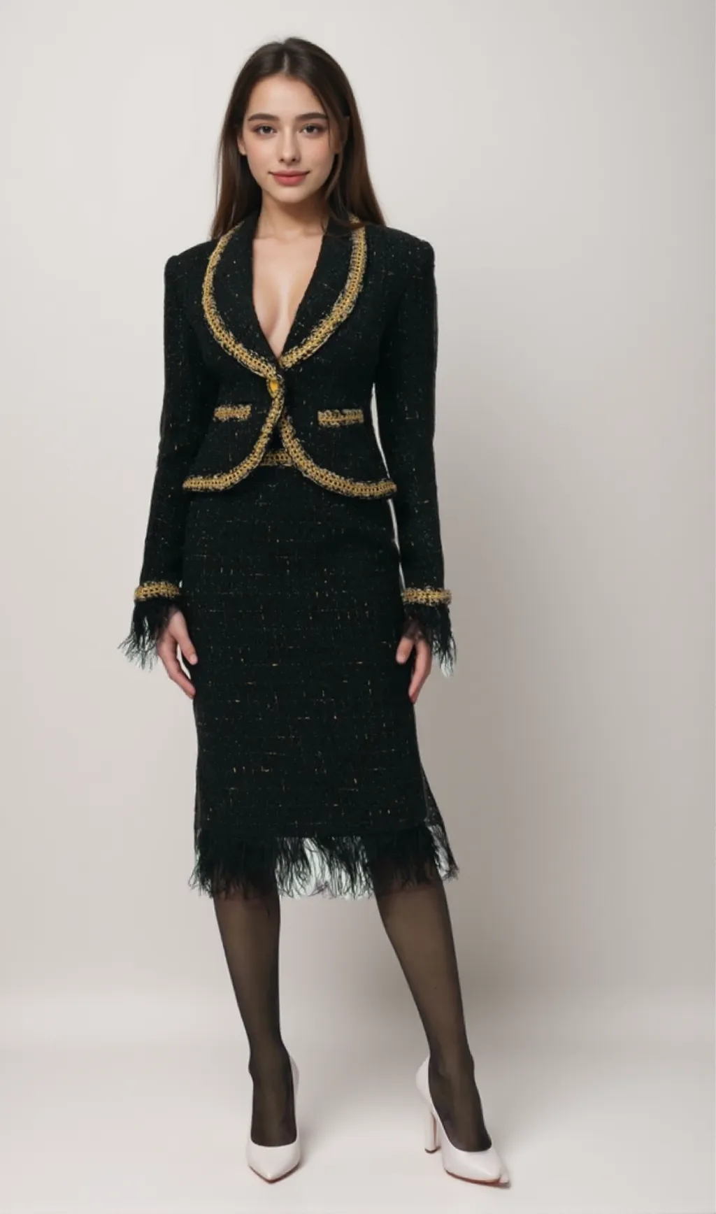 Black Tweed Blazer and Skirt Set with Gold Trim and Feather Detailing