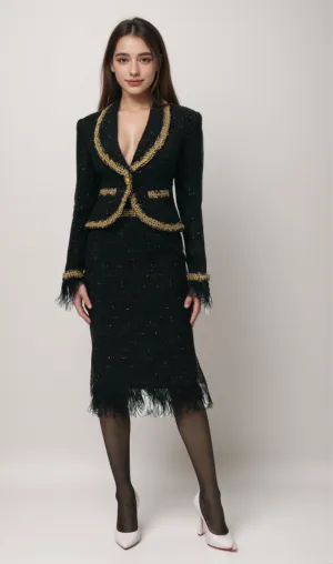 Black Tweed Blazer and Skirt Set with Gold Trim and Feather Detailing