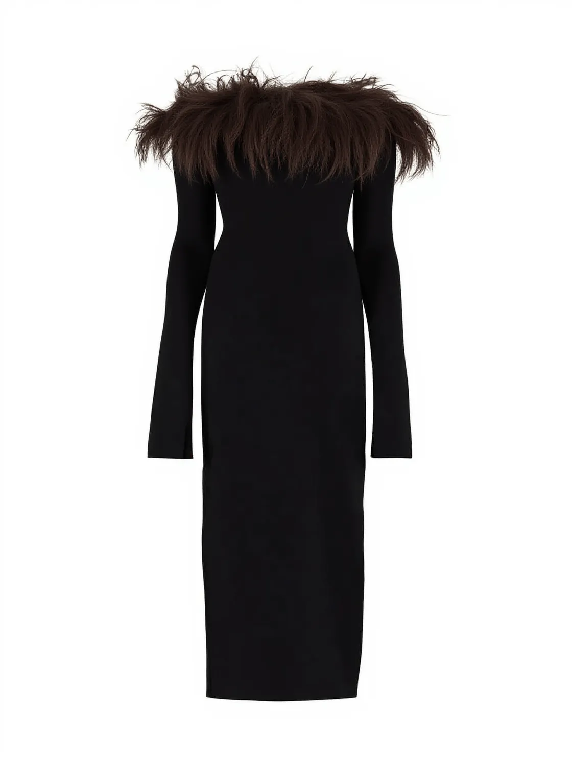 Blanche Off Shoulder Feather Trimmed Midi Dress In Black
