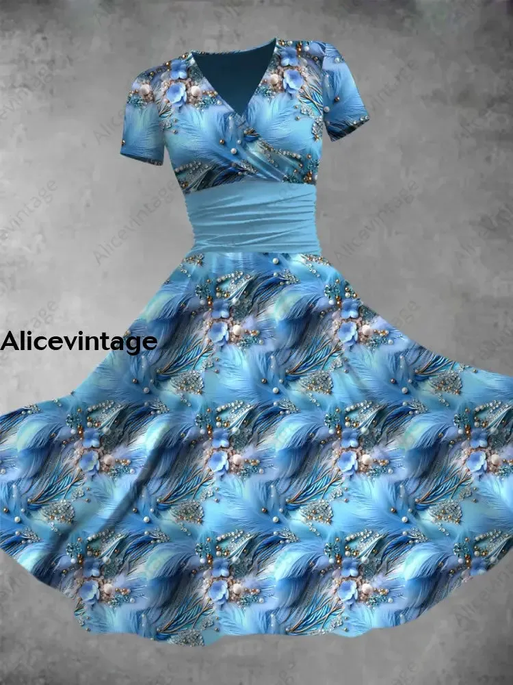 Blue Flower Feather Print V-Neck Short Sleeve Midi Dress