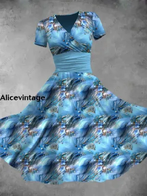 Blue Flower Feather Print V-Neck Short Sleeve Midi Dress