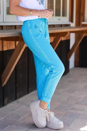 Blue Zip-Pocket Chevron Trim Casual Cotton Joggers