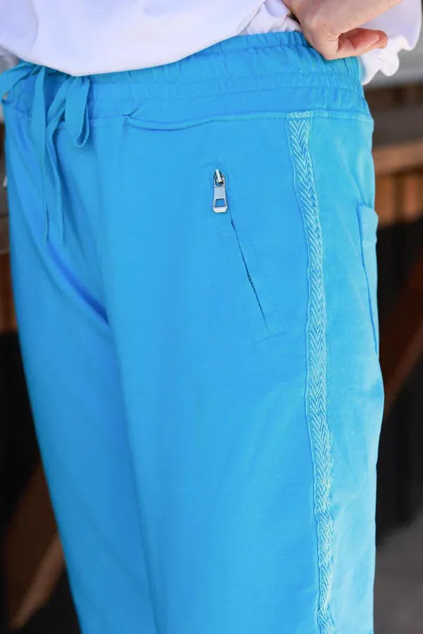 Blue Zip-Pocket Chevron Trim Casual Cotton Joggers