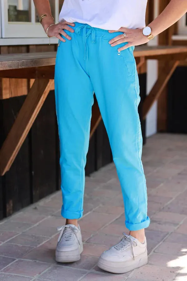 Blue Zip-Pocket Chevron Trim Casual Cotton Joggers