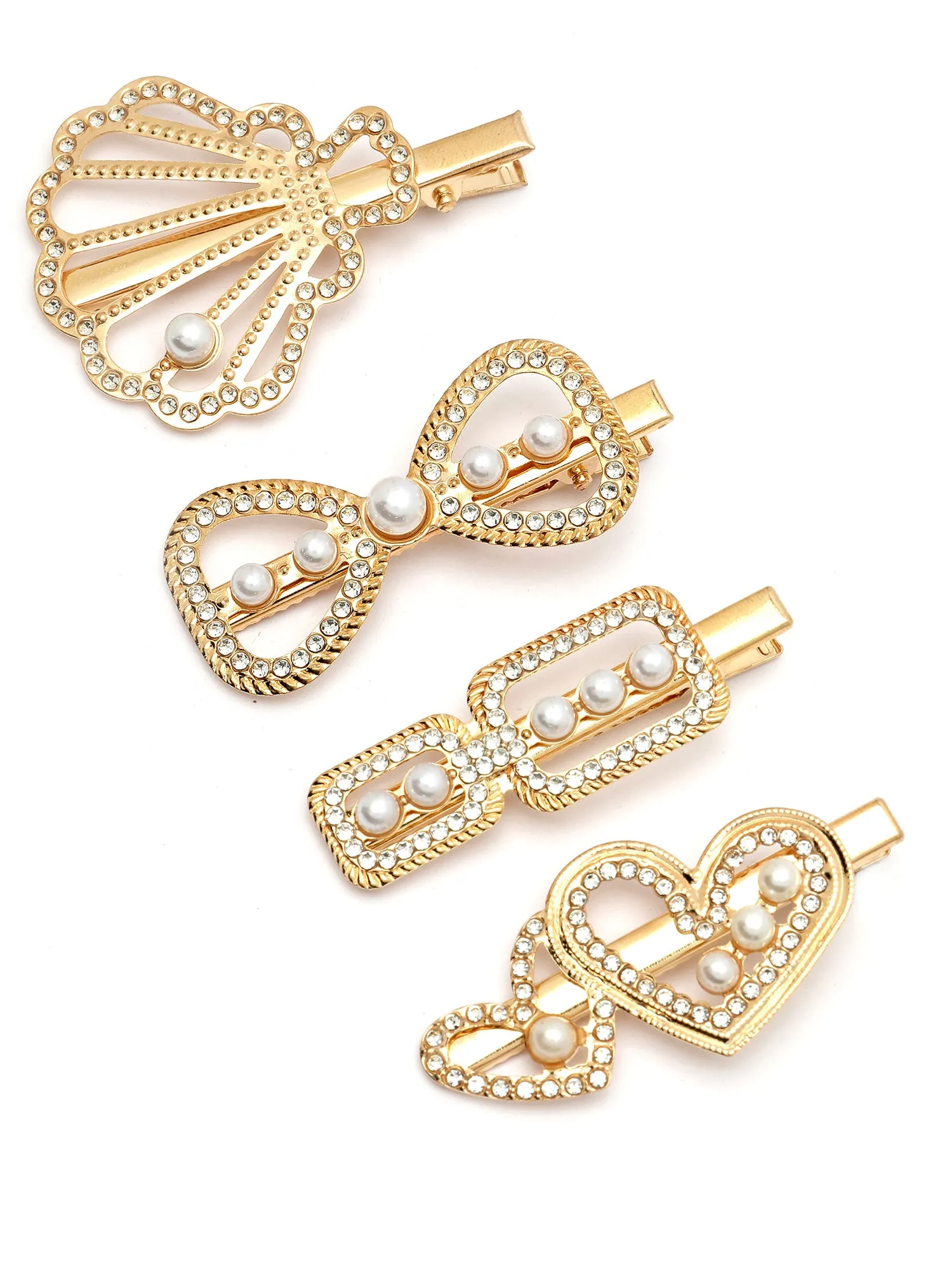 Bohey by KARATCART Set of 4 Gold Plated Embellished Alligator Hair Clips for Women