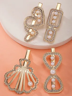 Bohey by KARATCART Set of 4 Gold Plated Embellished Alligator Hair Clips for Women