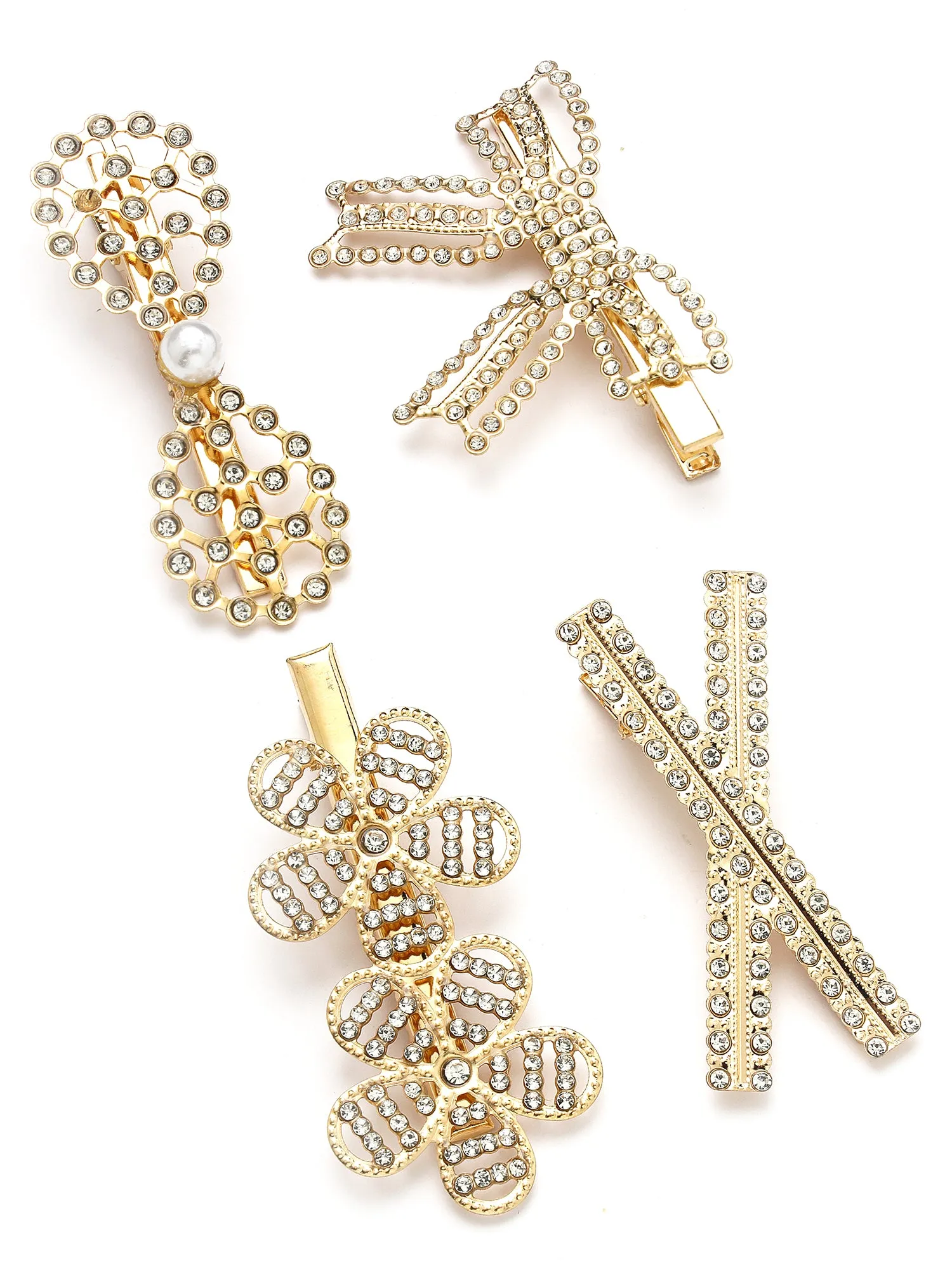 Bohey by KARATCART Set of 4 Gold Plated Embellished Alligator Hair Clips for Women