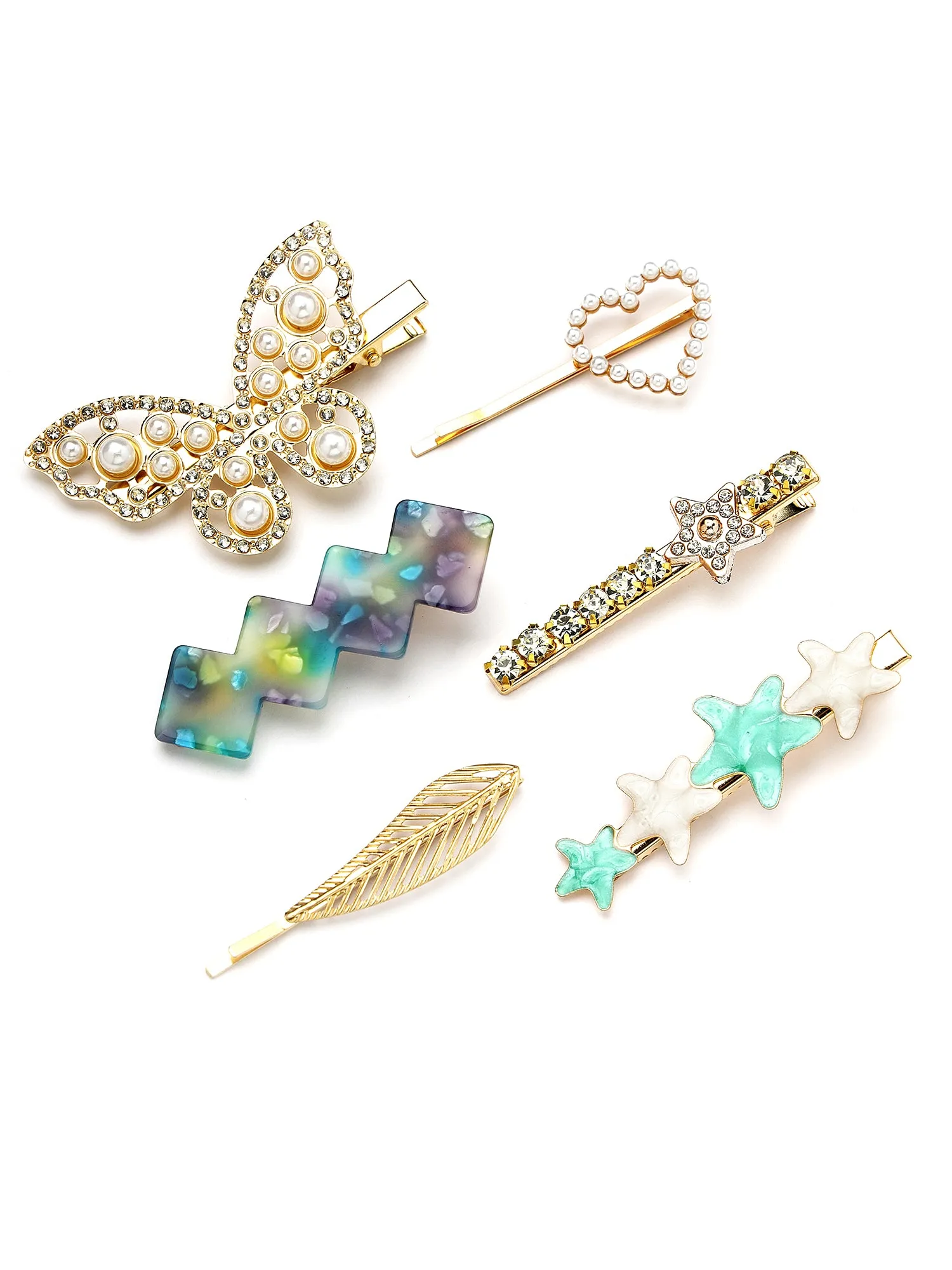 Bohey by KARATCART Set of 6 Gold Plated Embellished Alligator Hair Clips for Women