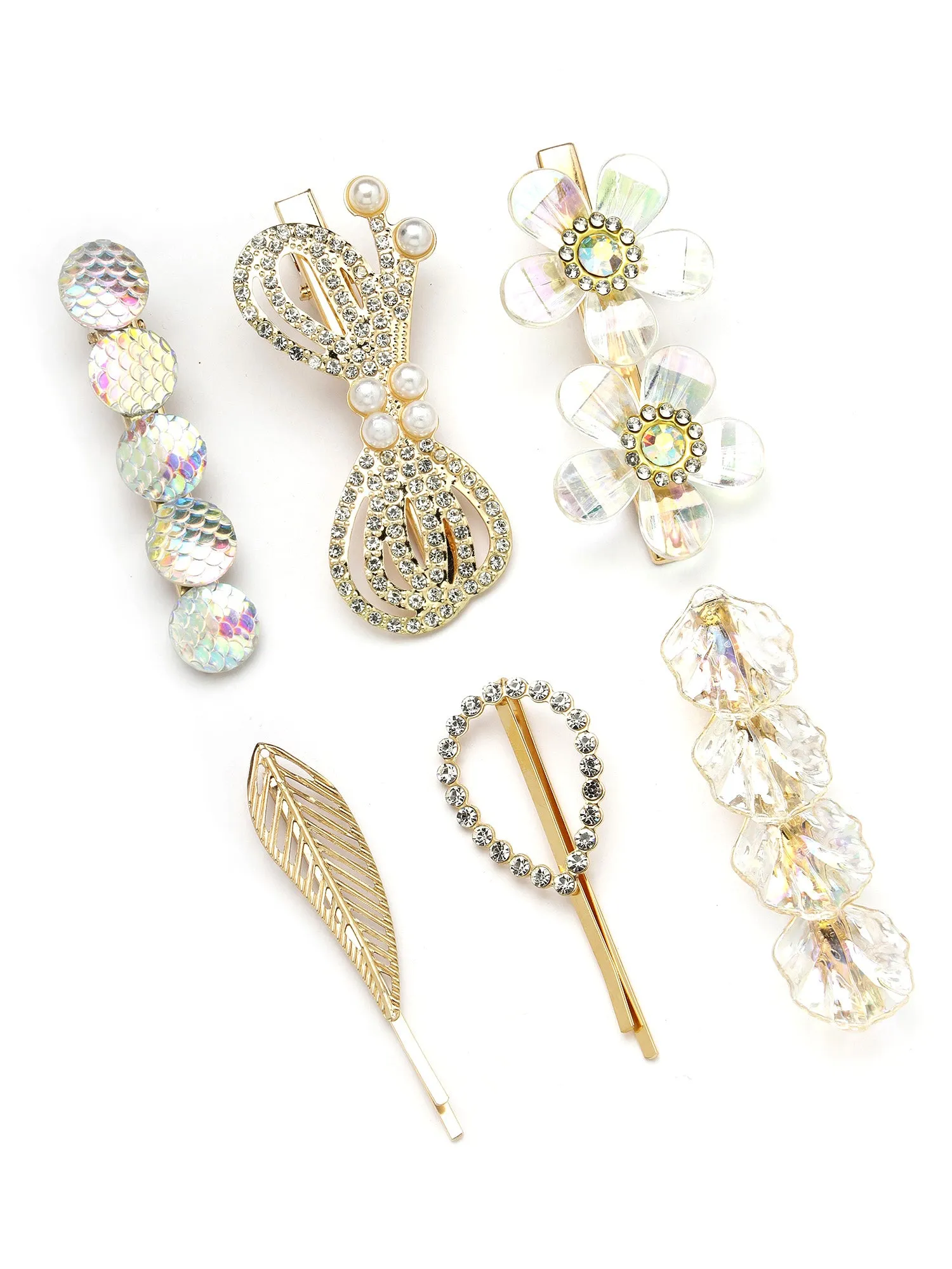 Bohey by KARATCART Set of 6 Gold Plated Embellished Alligator Hair Clips for Women