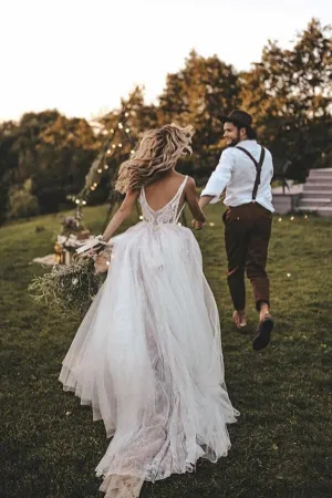 Boho Tulle Lace Sweep Train Wedding Dress Bridal Gown With Feather, MW524