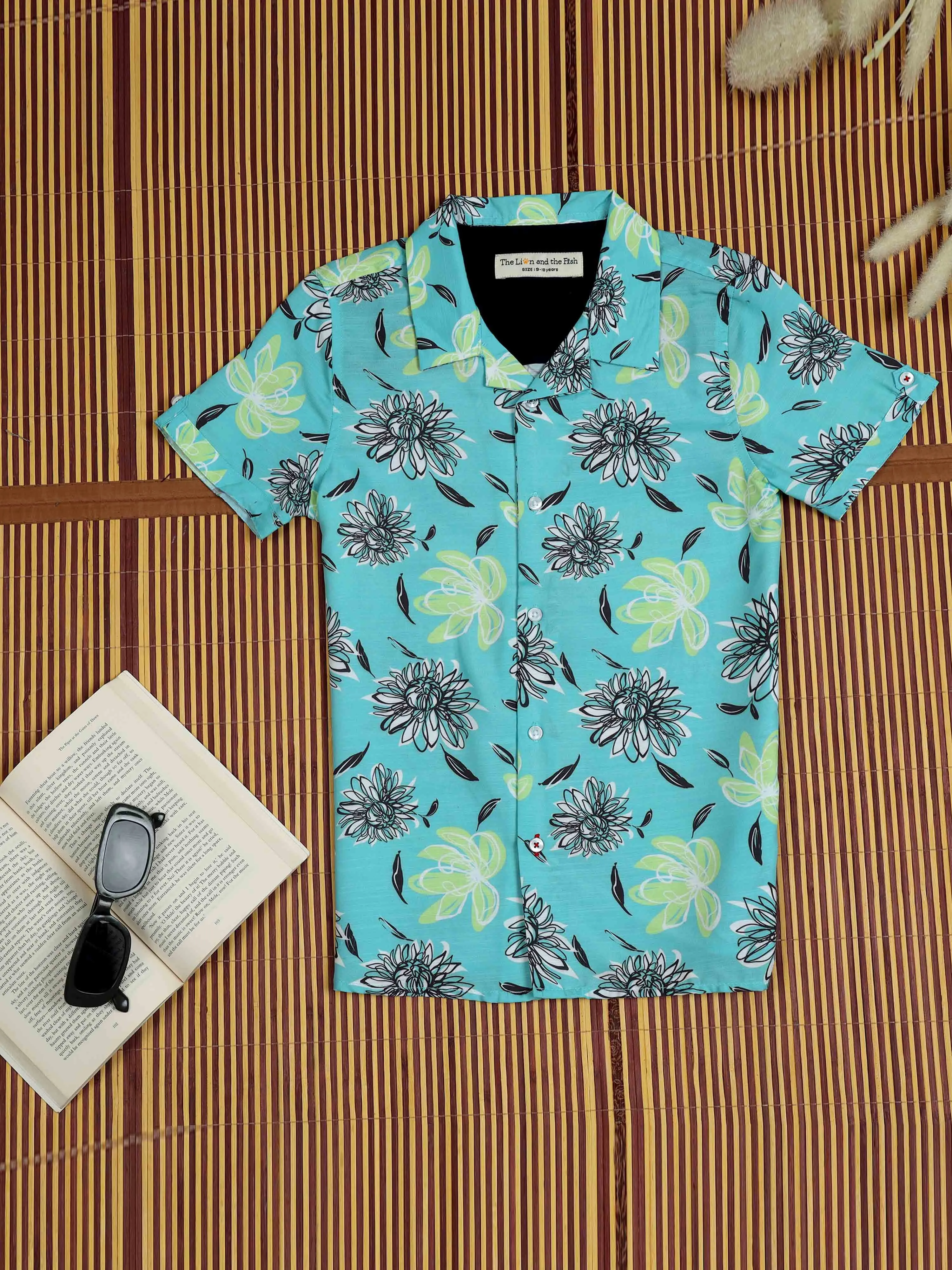 Boys Flower Printed Shirt Cadet Blue