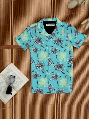 Boys Flower Printed Shirt Cadet Blue