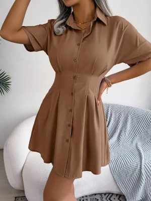 Button-Down Shirt Dress with Pleated Waist and Short Sleeves