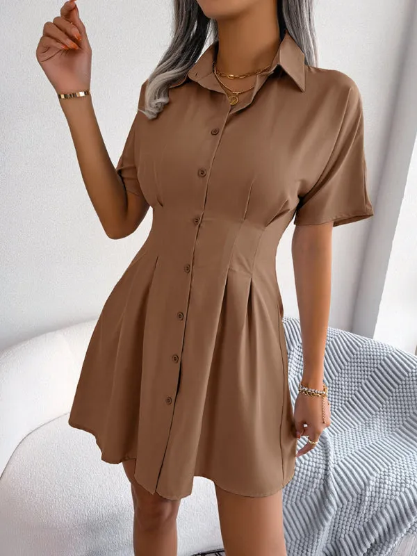 Button-Down Shirt Dress with Pleated Waist and Short Sleeves