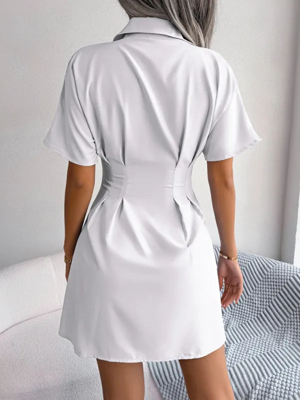 Button-Down Shirt Dress with Pleated Waist and Short Sleeves