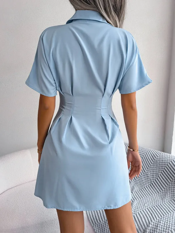 Button-Down Shirt Dress with Pleated Waist and Short Sleeves