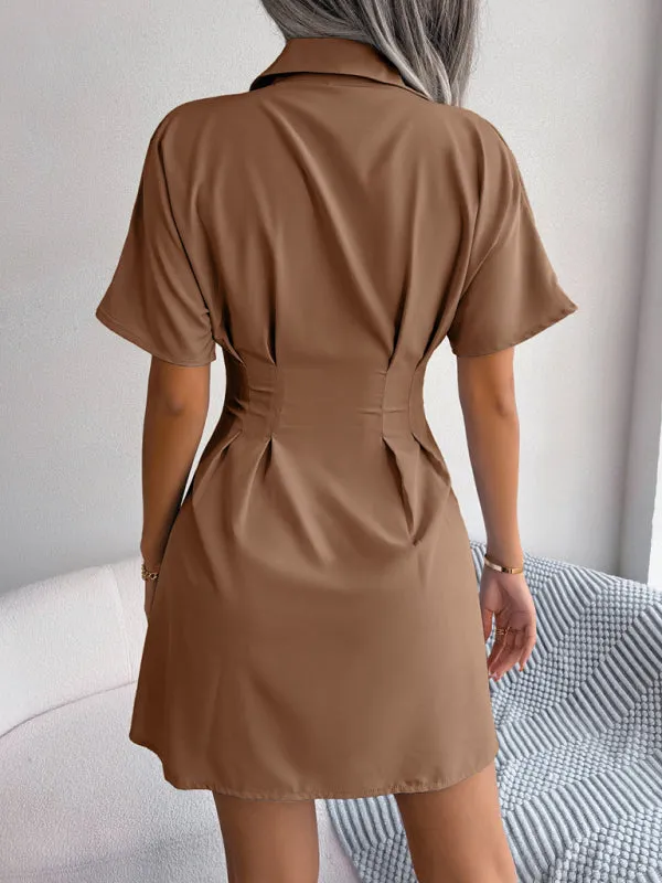 Button-Down Shirt Dress with Pleated Waist and Short Sleeves