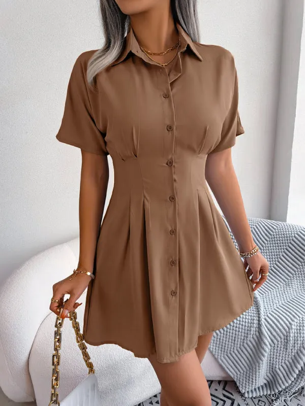 Button-Down Shirt Dress with Pleated Waist and Short Sleeves