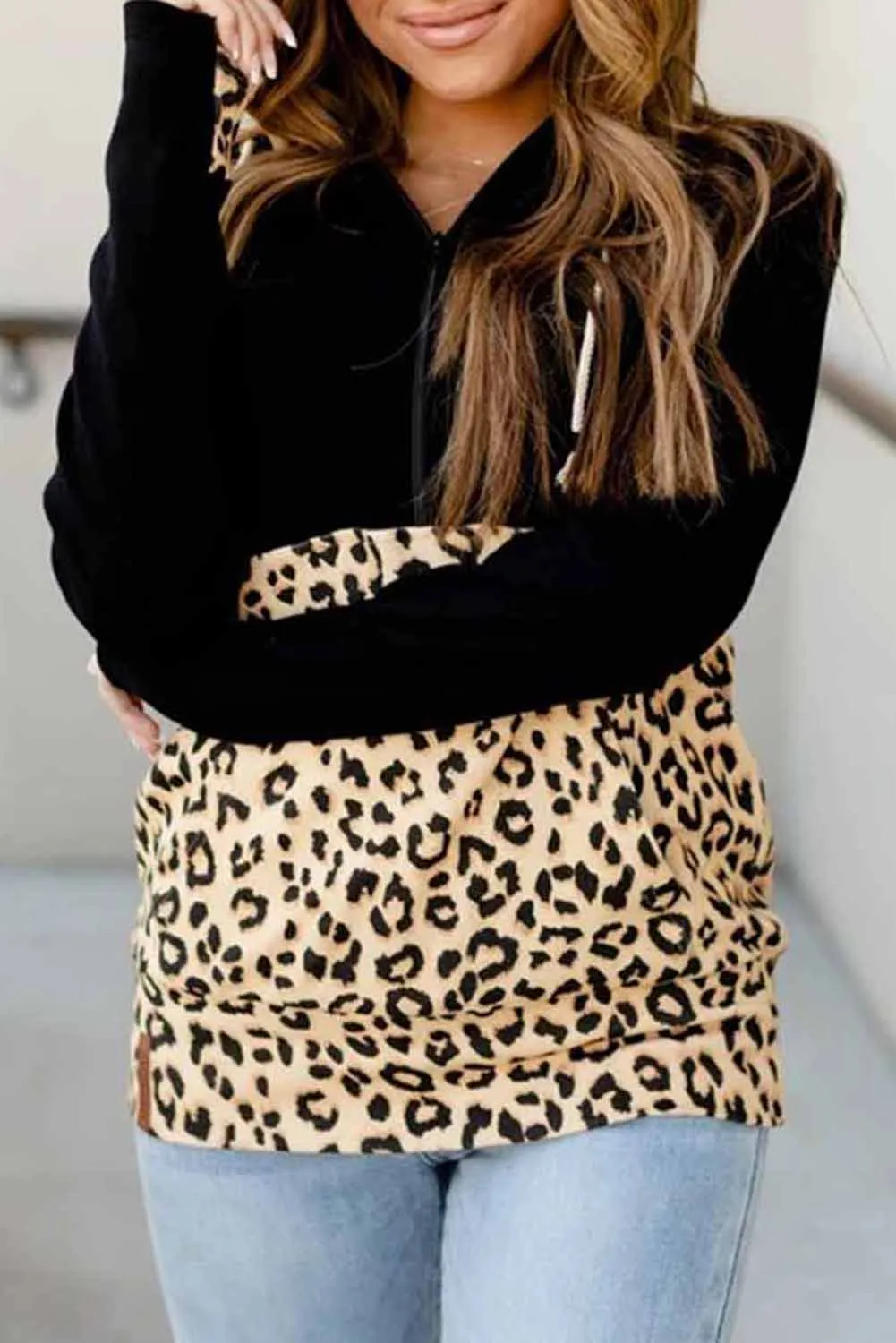 Camo Print Stitching Half Zip Kangaroo Pocket Drawstring Hoodie