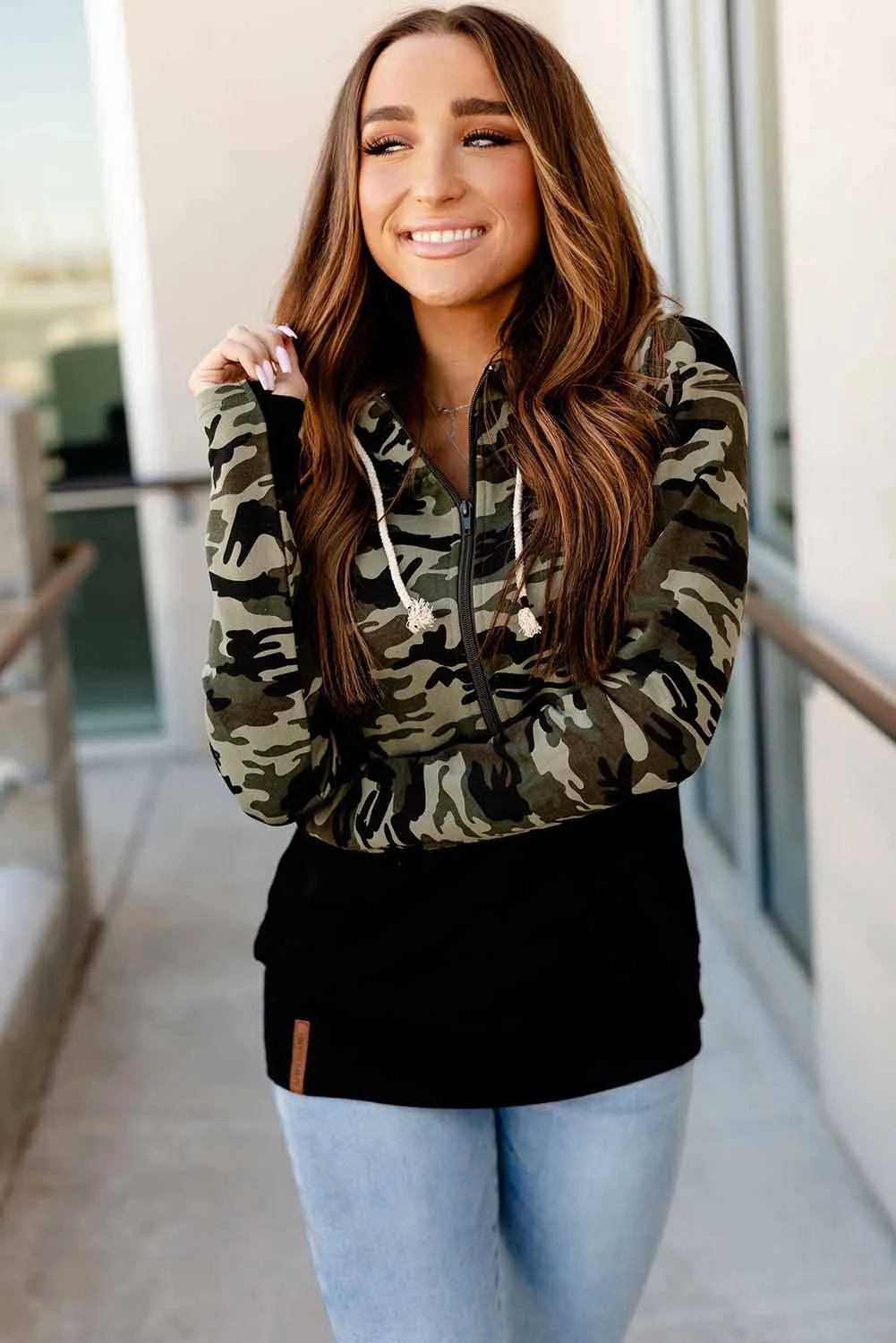 Camo Print Stitching Half Zip Kangaroo Pocket Drawstring Hoodie