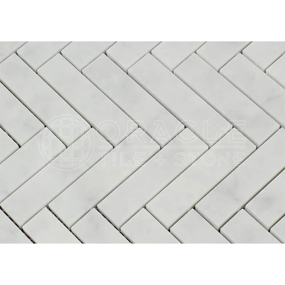 Carrara White Italian (Bianco Carrara) Marble 1 X 4 Herringbone Mosaic Tile, Polished