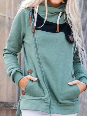 Casual Color Block Oblique Neckline Pockets Zipper Hoodies