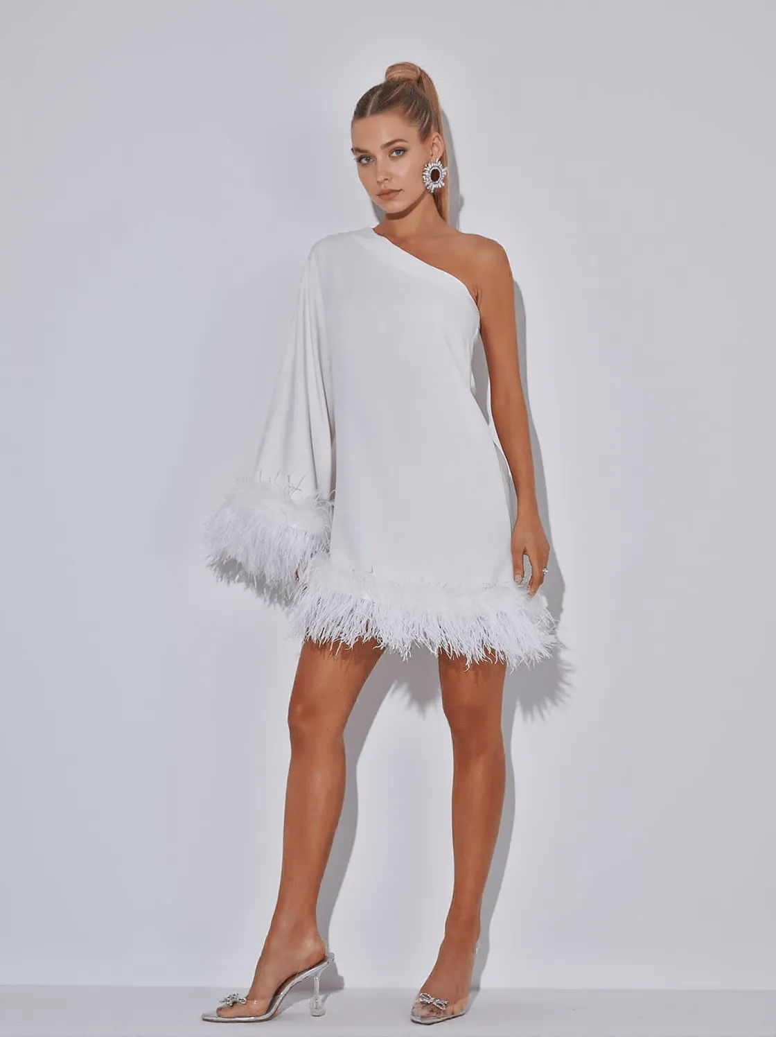 Ceridwen One Shoulder Feather Mini Dress In White