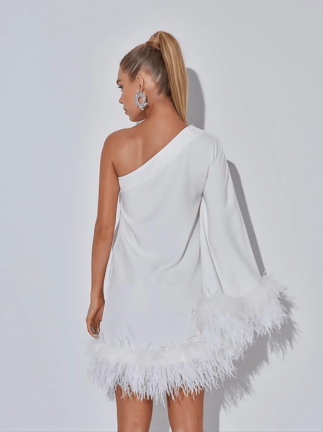 Ceridwen One Shoulder Feather Mini Dress In White