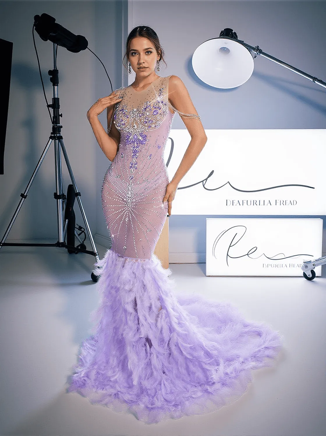 Chaviv Rhinestone Feather Maxi Dress
