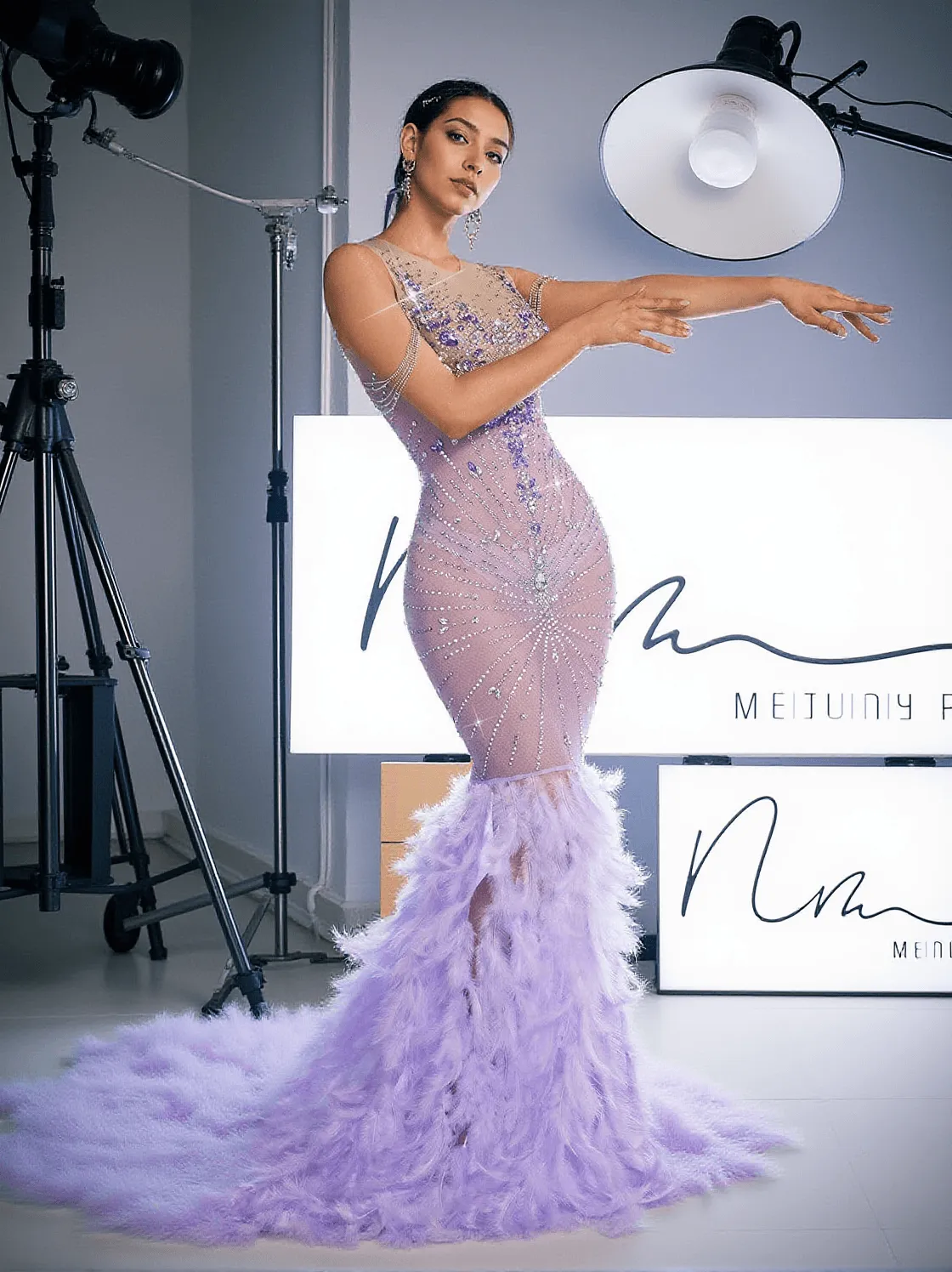 Chaviv Rhinestone Feather Maxi Dress