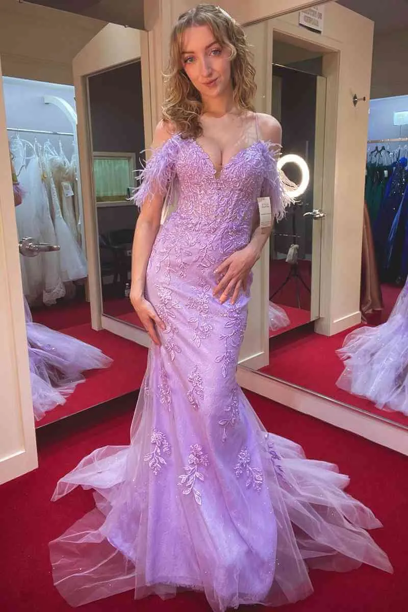Cheap Lace 2025 Lavender Prom Dresses Mermaid Cold Shoulder with Feathers