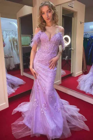 Cheap Lace 2025 Lavender Prom Dresses Mermaid Cold Shoulder with Feathers