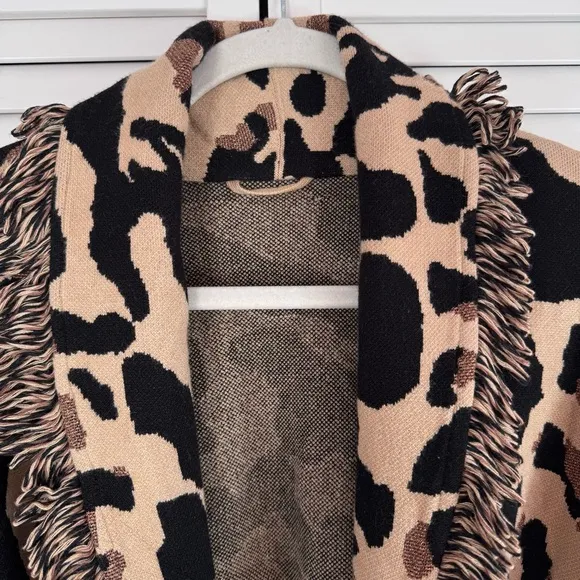 Chico’s Animal Print Fringe Cardigan Size 3 Brown Black Metallic Mobwife XL