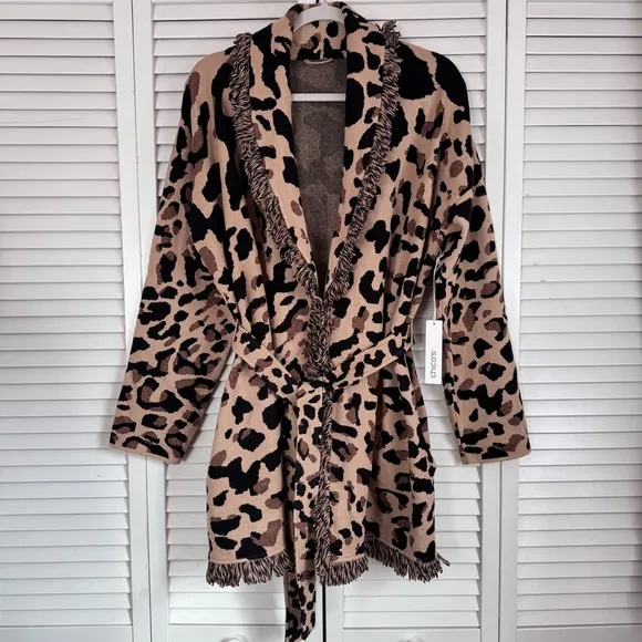 Chico’s Animal Print Fringe Cardigan Size 3 Brown Black Metallic Mobwife XL