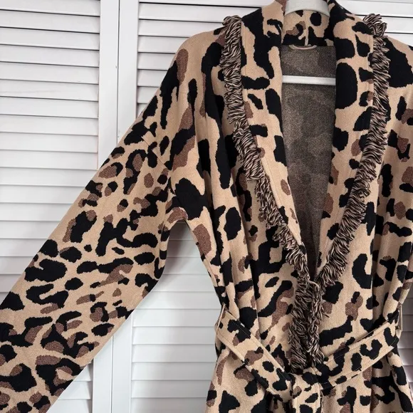 Chico’s Animal Print Fringe Cardigan Size 3 Brown Black Metallic Mobwife XL