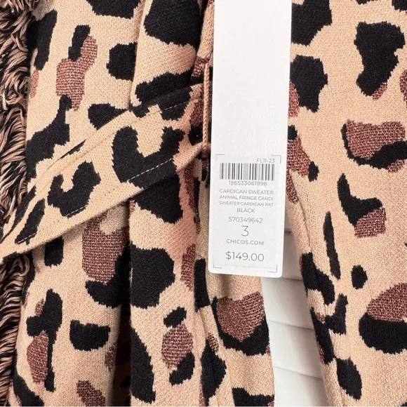 Chico’s Animal Print Fringe Cardigan Size 3 Brown Black Metallic Mobwife XL