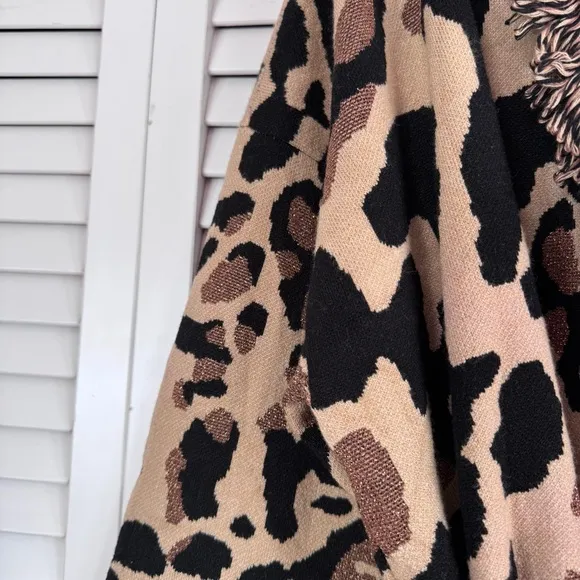 Chico’s Animal Print Fringe Cardigan Size 3 Brown Black Metallic Mobwife XL