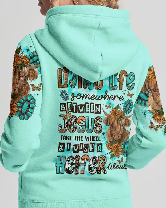 Christianartbag 3D T-Shirt For Women, Living Life Somewhere Between Jesus Cow Women's All Over Print, Christian Shirt, Faithful Fashion, 3D Printed Shirts for Christian Women, CABWTS01200923.