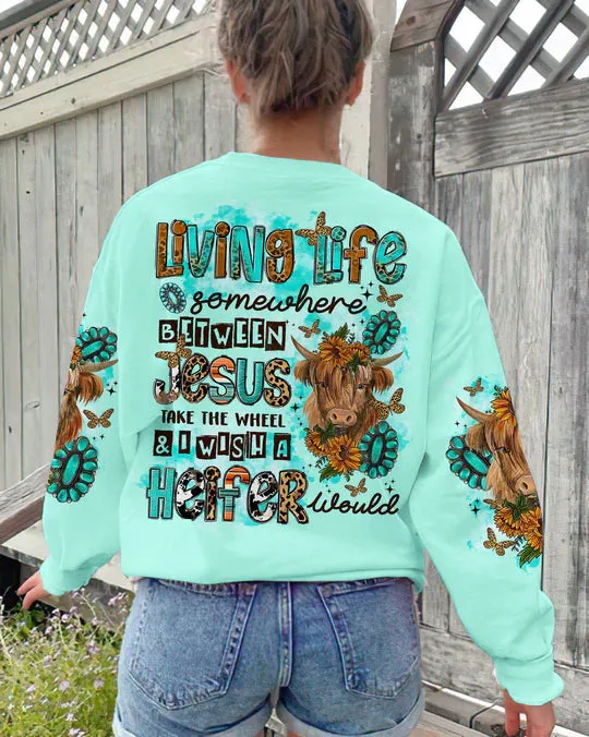 Christianartbag 3D T-Shirt For Women, Living Life Somewhere Between Jesus Cow Women's All Over Print, Christian Shirt, Faithful Fashion, 3D Printed Shirts for Christian Women, CABWTS01200923.