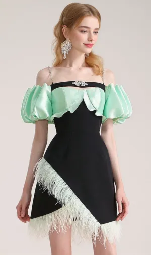 CIELO BLACK OFF-SHOULDER FEATHER MINI DRESS