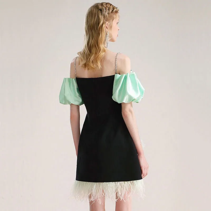 CIELO BLACK OFF-SHOULDER FEATHER MINI DRESS