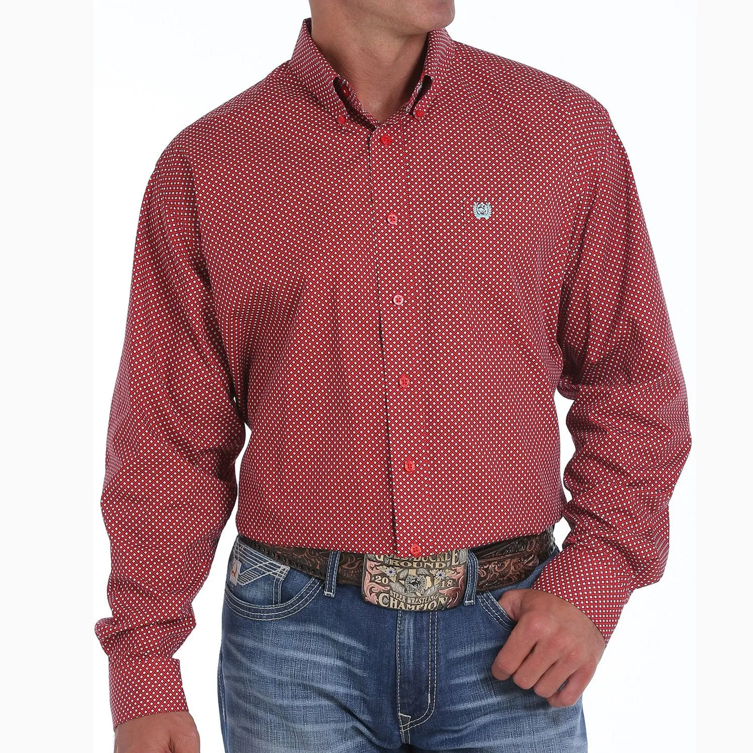 CLMTW1104827-M-Red Cinch L/S Diamond Print Tencel