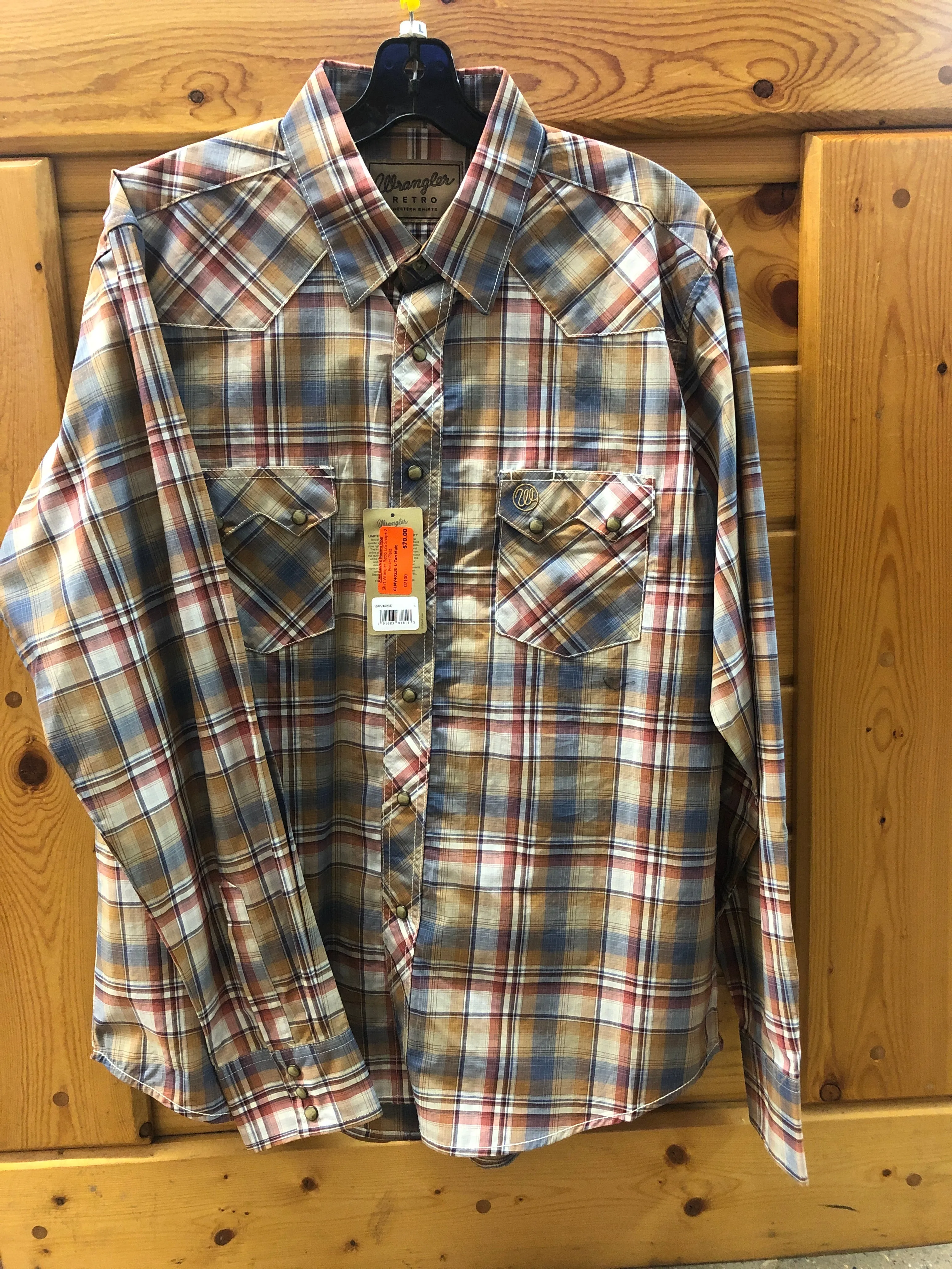 CLMV4023E-L-Tan Mult Shirt Wrangler Retro L/S Snaps 2 Pocket Plaid