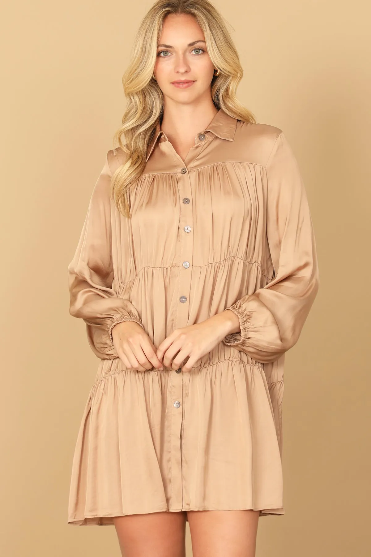 COLLARED LONG SLEEVE PLEATED DETAIL SOLID DRESS